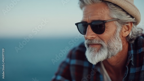 A man wearing a hat and sunglasses is depicted by the seaside, capturing a moment of contemplation and relaxation amidst the serene blue backdrop of the ocean. photo