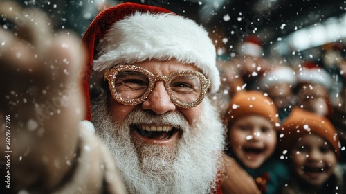 A man dressed as Santa with glittering glasses joyfully interacting with children amidst falling snow, encapsulating the festive spirit, happiness, and togetherness of the holiday season. photo