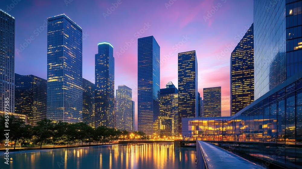 A vibrant downtown skyline at dusk, with towering glass skyscrapers reflecting the sunset and city lights beginning to twinkle.