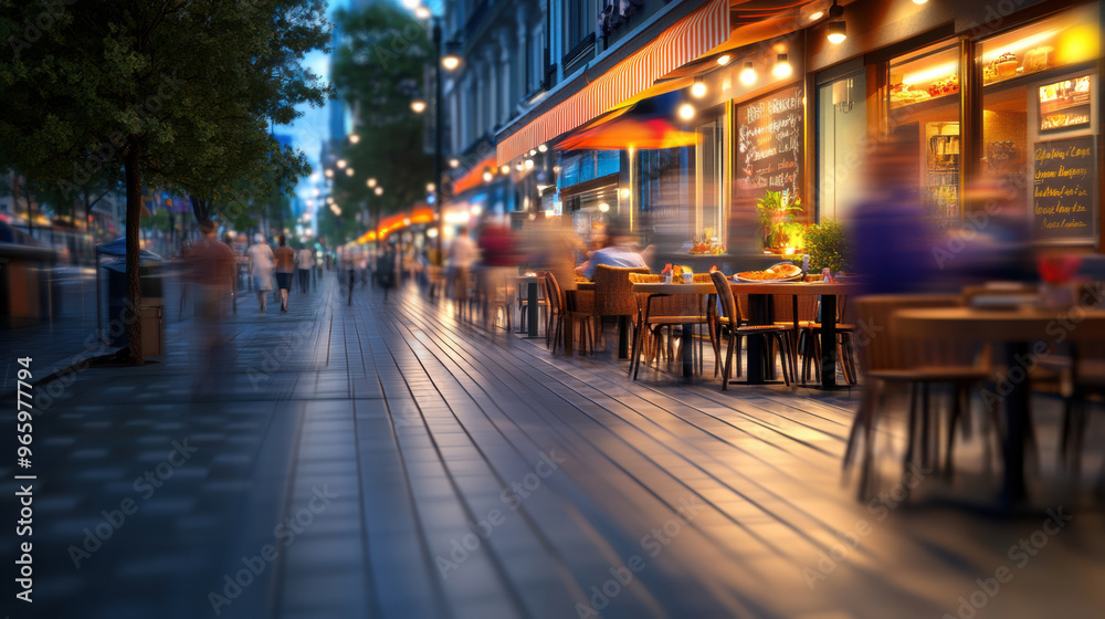 A blurry image of a street with people and tables outside, AI A blurry image of a street with people and tables outside, AI