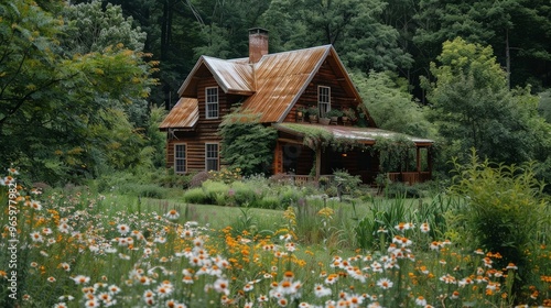 Rustic farmhouse surrounded by blooming flowers and greenery