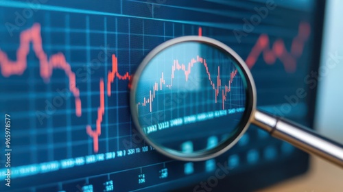 A magnifying glass inspecting a profit margin chart on a desktop monitor