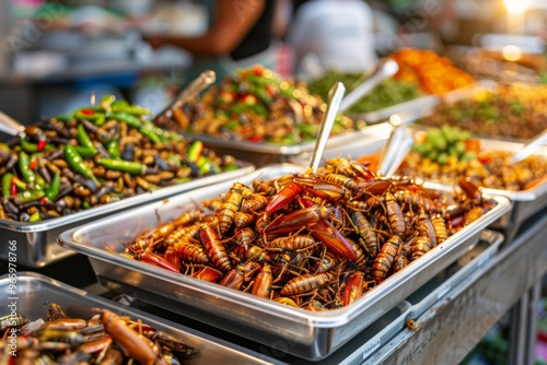 Edible insects in trays at vibrant food market bug based delicacies