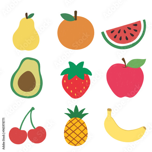 Colorful fruit icons set. Banana, apple, pear, avocado, strawberry, orange, watermelon, pineapple, grape, cherry. Vector illustration isolated on white.