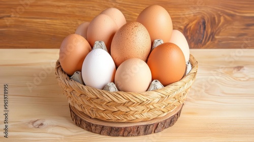 Wooden Base displaying farm-fresh eggs, woven basket, soft lighting, natural shadows, rustic countryside feel