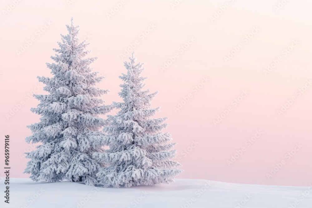 Fototapeta premium Two Snow-Covered Pine Trees Against a Pink Sky