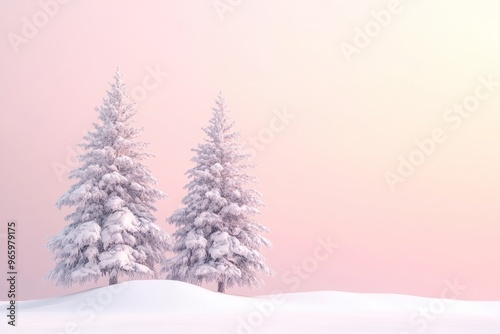 Two Snow-Covered Fir Trees Against a Pink Sky