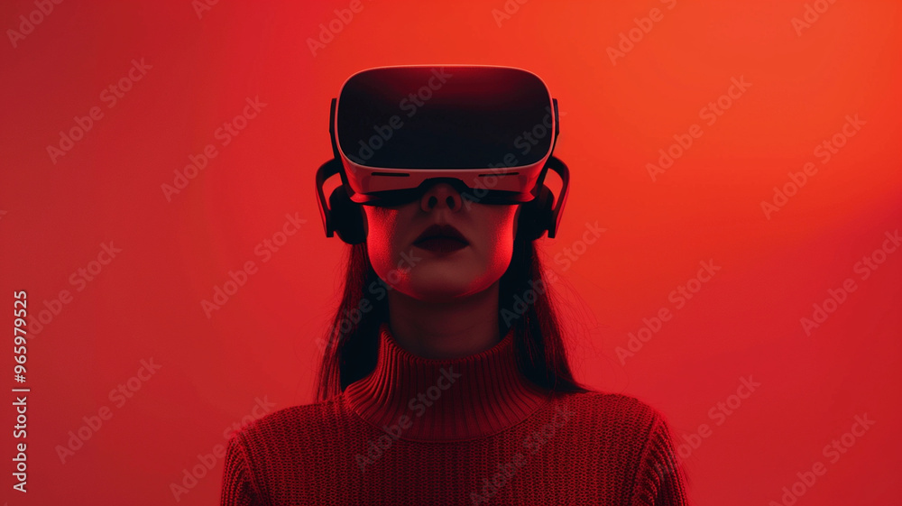 A woman wearing virtual reality goggles stands against an orange red background, creating futuristic and immersive atmosphere A woman wearing virtual reality goggles stands against an orange red background, creating futuristic and immersive atmosphere