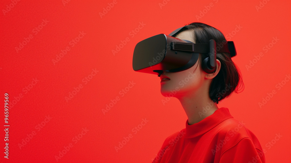 A woman wearing virtual reality headset against vibrant red background, experiencing minimalist design A woman wearing virtual reality headset against vibrant red background, experiencing minimalist design