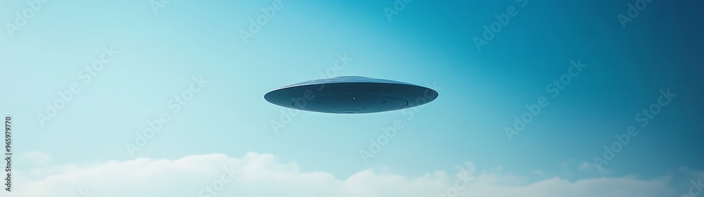 Minimalistic Flying Saucer: UFO in Blue Sky - Low-Angle Shot with Clean Design and High Resolution Minimalistic Flying Saucer: UFO in Blue Sky - Low-Angle Shot with Clean Design and High Resolution