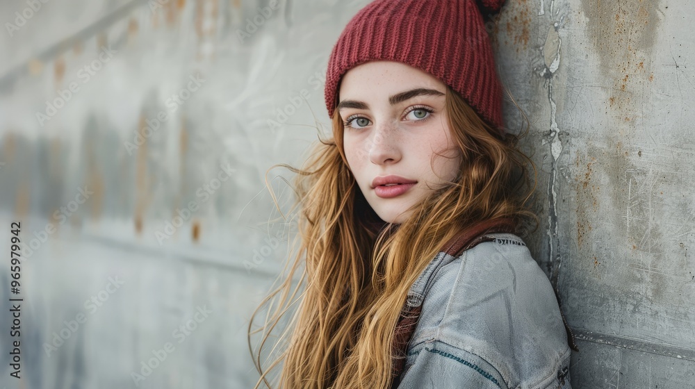 Fototapeta premium Stylish teenager with a rebellious look, leaning against a wall