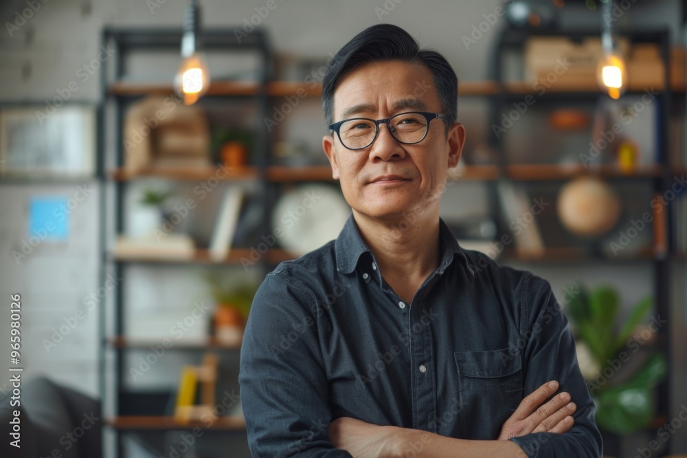 Portrait of a middle aged asian male worker in start up company office Portrait of a middle aged asian male worker in start up company office