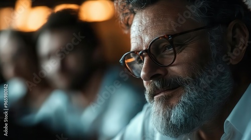 An intimate close-up of eyeglasses on an elder person's face bathed in warm light, accompanied by a softly blurred background of individuals creating a cozy and intimate atmosphere.