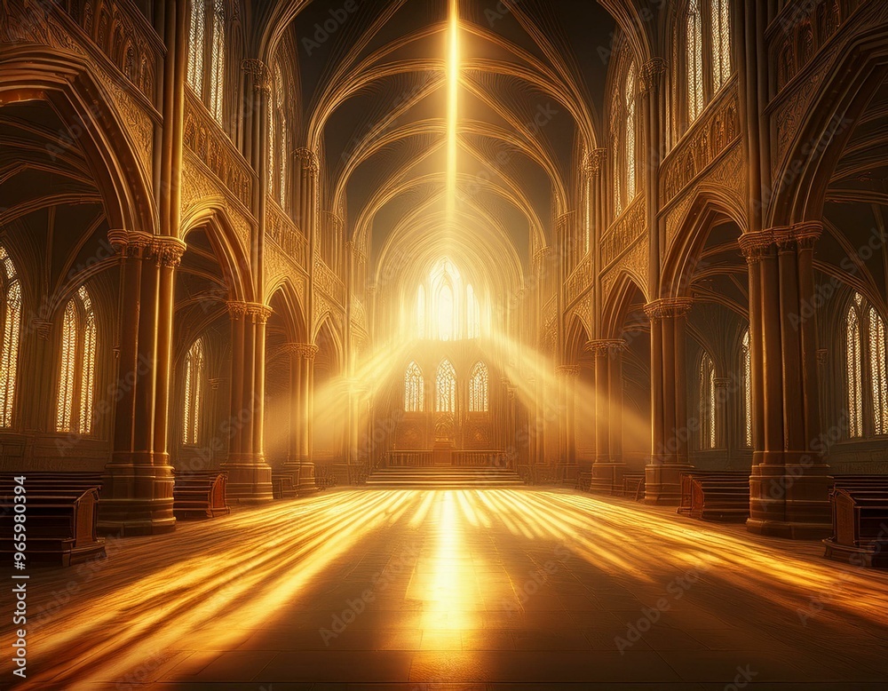 Golden light beams through an ancient cathedral.
