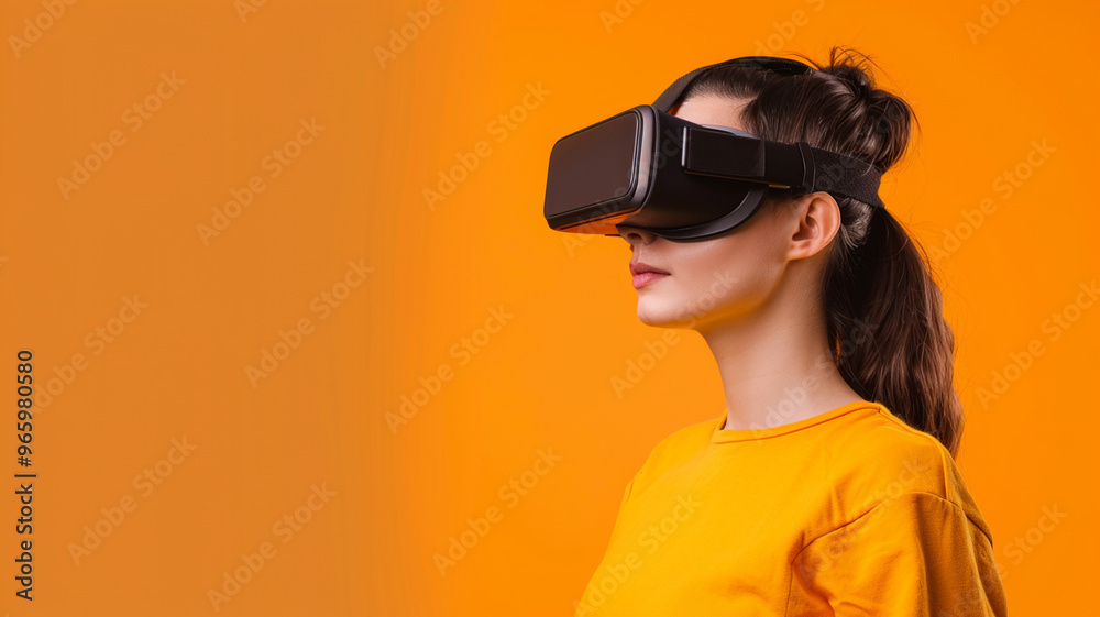 A woman wearing virtual reality headset stands against an orange background, immersed in digital experience A woman wearing virtual reality headset stands against an orange background, immersed in digital experience