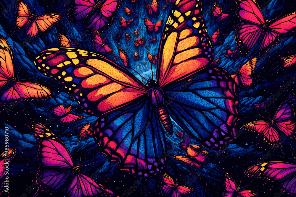 An intricately detailed image showing a large butterfly with vibrant wing patterns surrounded by numerous smaller butterflies, forming a captivating scene. An intricately detailed image showing a large butterfly with vibrant wing patterns surrounded by numerous smaller butterflies, forming a captivating scene.