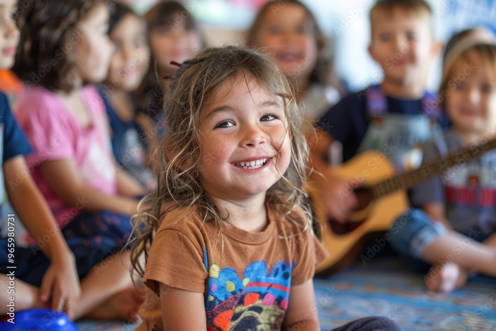 Children Enjoying Music Class Together Laughing and Playing Drums in Classroom Children Enjoying Music Class Together Laughing and Playing Drums in Classroom