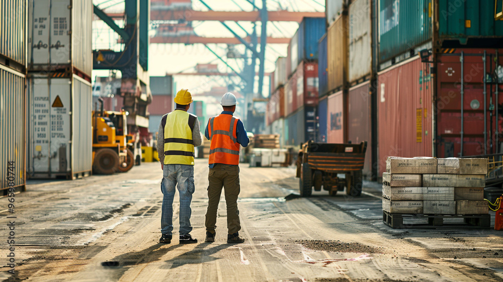 Two workers in protective gear stand in an industrial site surrounded by shipping containers, discussing logistics Two workers in protective gear stand in an industrial site surrounded by shipping containers, discussing logistics