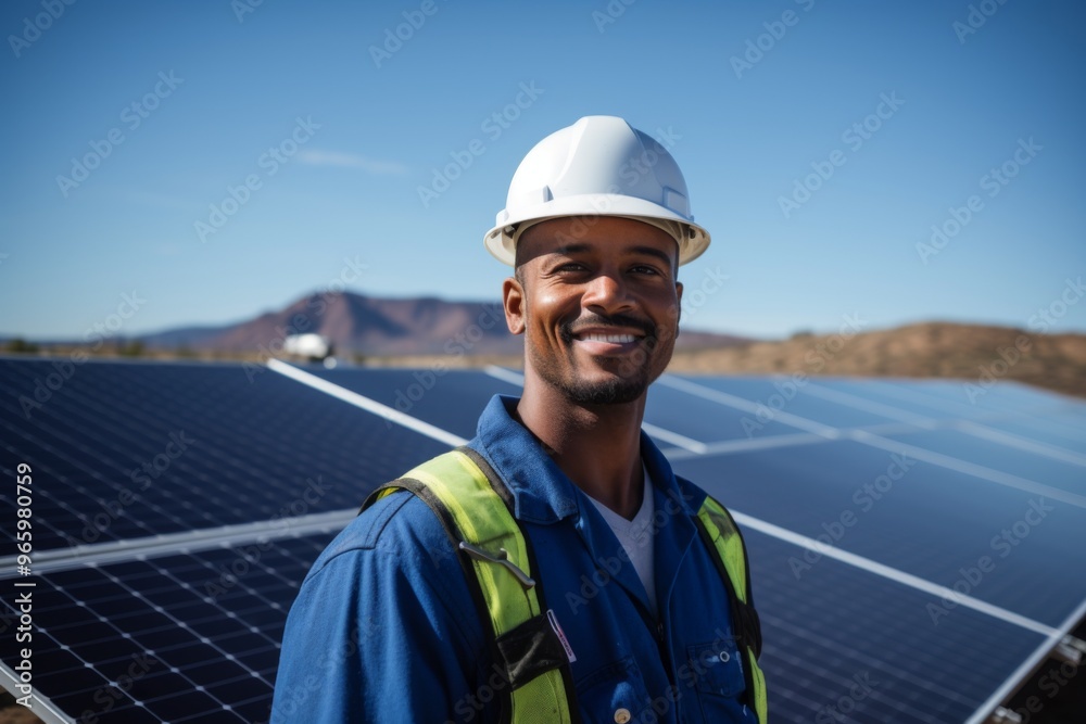 Portrait of a middle aged male engineer standing next to solar panels Portrait of a middle aged male engineer standing next to solar panels