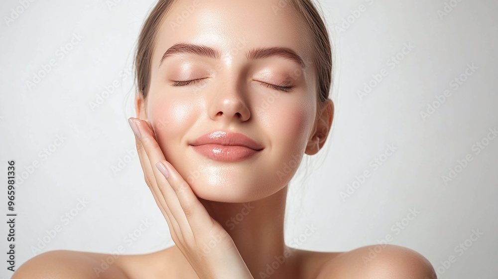 young woman with soft and smooth facial skin smiling and touching her beautiful face perfect for natural skincare concept model with radiant complexion on a clean white background young woman with soft and smooth facial skin smiling and touching her beautiful face perfect for natural skincare concept model with radiant complexion on a clean white background