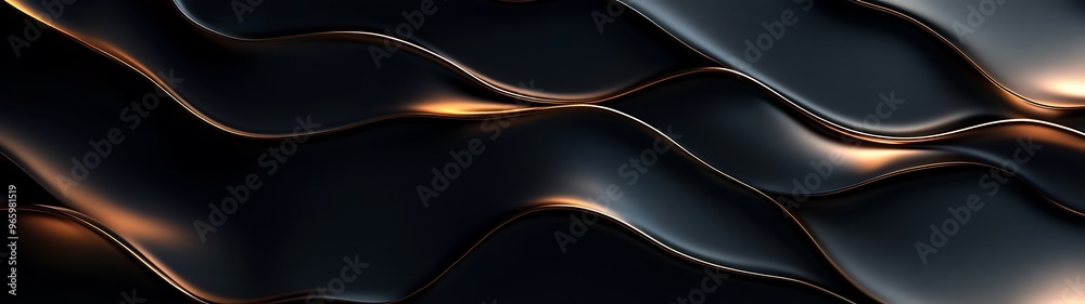 Fototapeta premium Elegant Matte Black Abstract Background with Metallic Bronze Accents and Soft Waves, 3D Render