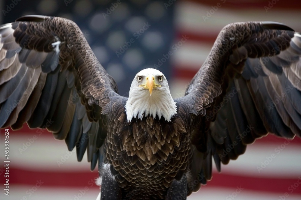 Naklejka premium Majestic bald eagle with outstretched wings, set against an American flag background, showcasing strength and freedom