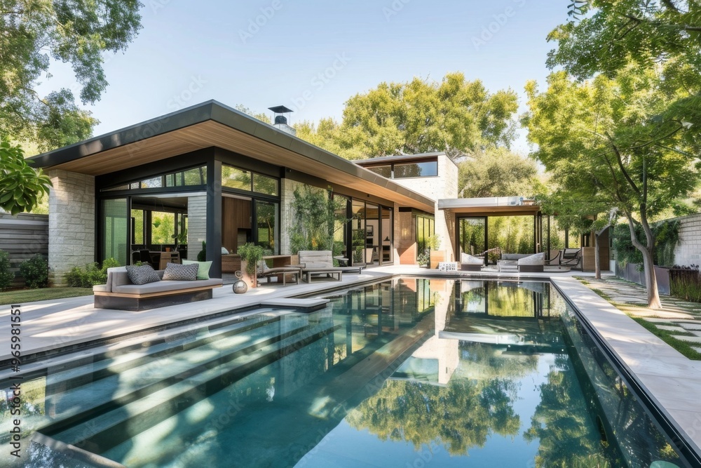 Small modern home exterior with backyard pool Small modern home exterior with backyard pool