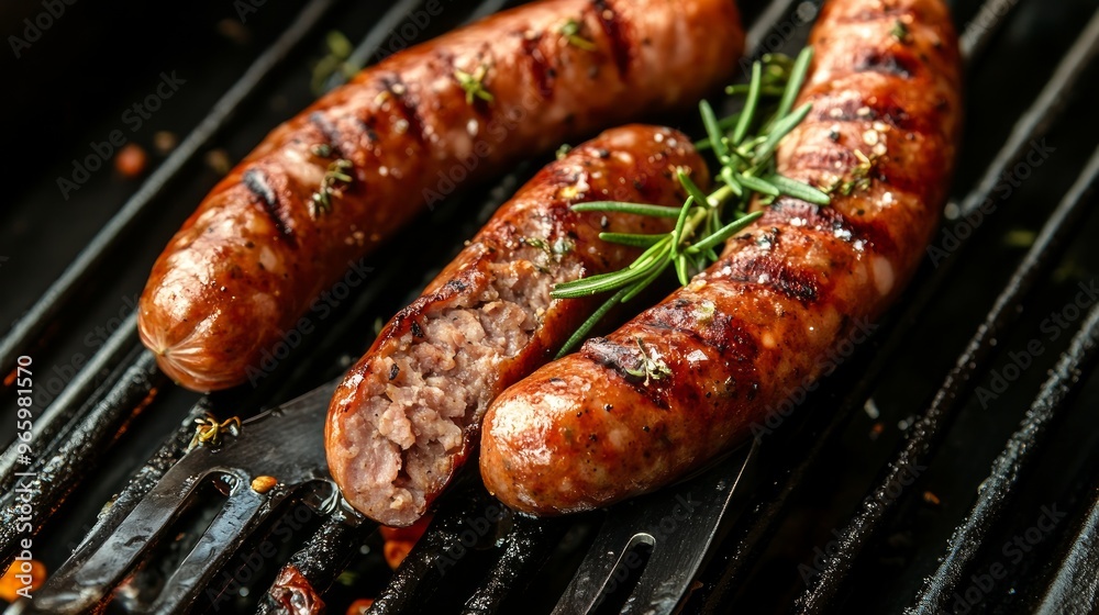 Grilled sausages on a fork sprinkled with rosemary Grilled sausages on a fork sprinkled with rosemary