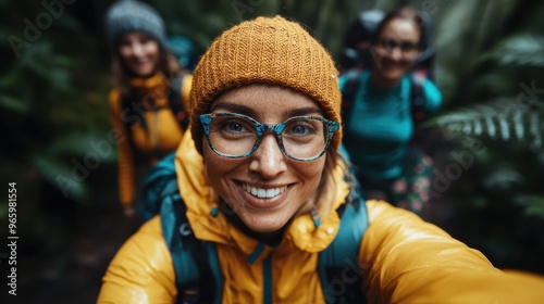 Smiling hiker wearing a yellow jacket, orange beanie, and glasses, taking a selfie with two friends in the background amidst lush greenery during a nature trek.