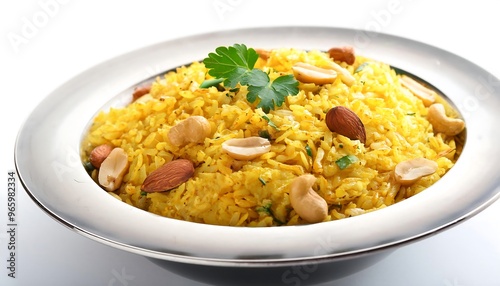 Delicious Yellow Rice with Nuts and Herbs in a Silver Bowl