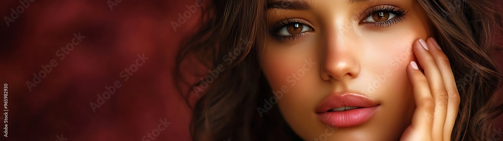 Naklejka premium Serene Hispanic Woman with Wavy Brown Hair Touching Locks on Burgundy Background - Lifestyle Photography Close-Up