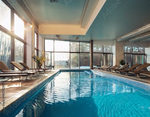 Indoor swimming pool with lounge chairs and large windows.