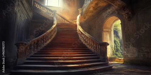 Sunlit Staircase in an Abandoned Building