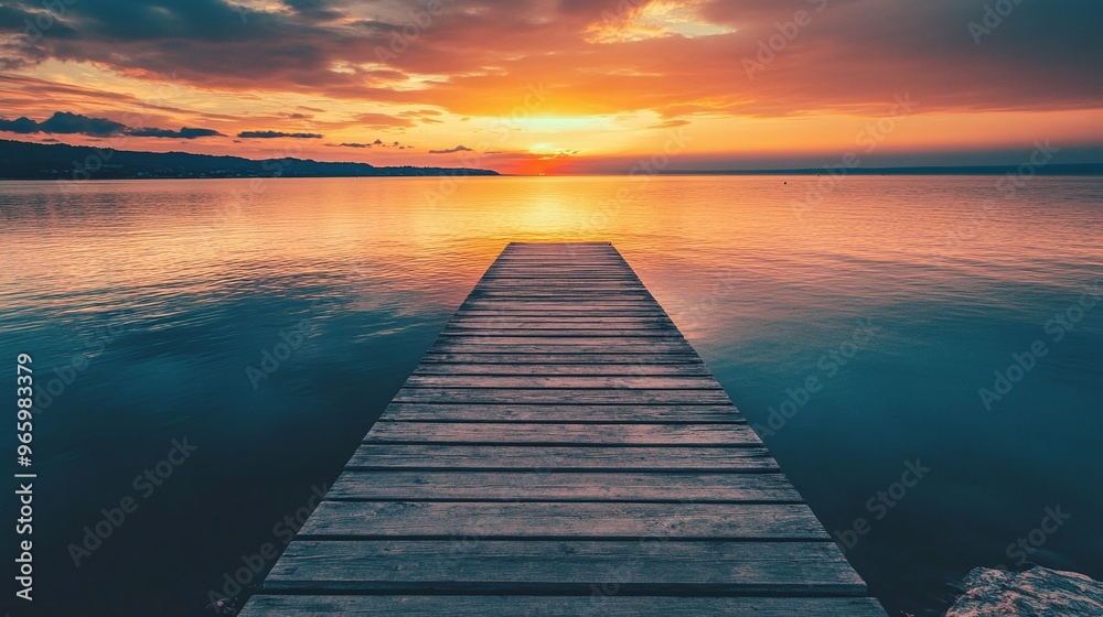 Obraz premium wooden pier over calm water at sunset peaceful landscape serene nature reflection tranquil evening outdoor scenery with beautiful horizon view and sunset reflections