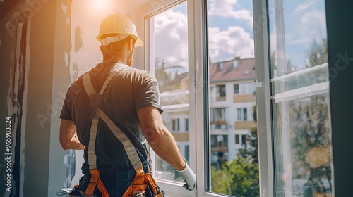 A worker in overalls is repairing the window frame of an apartment photo