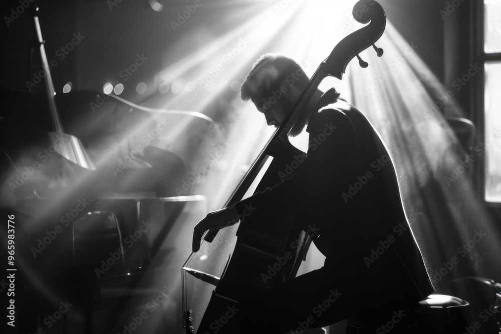 Fototapeta premium Silhouette of Cellist in Dramatic Lighting During Intimate Performance