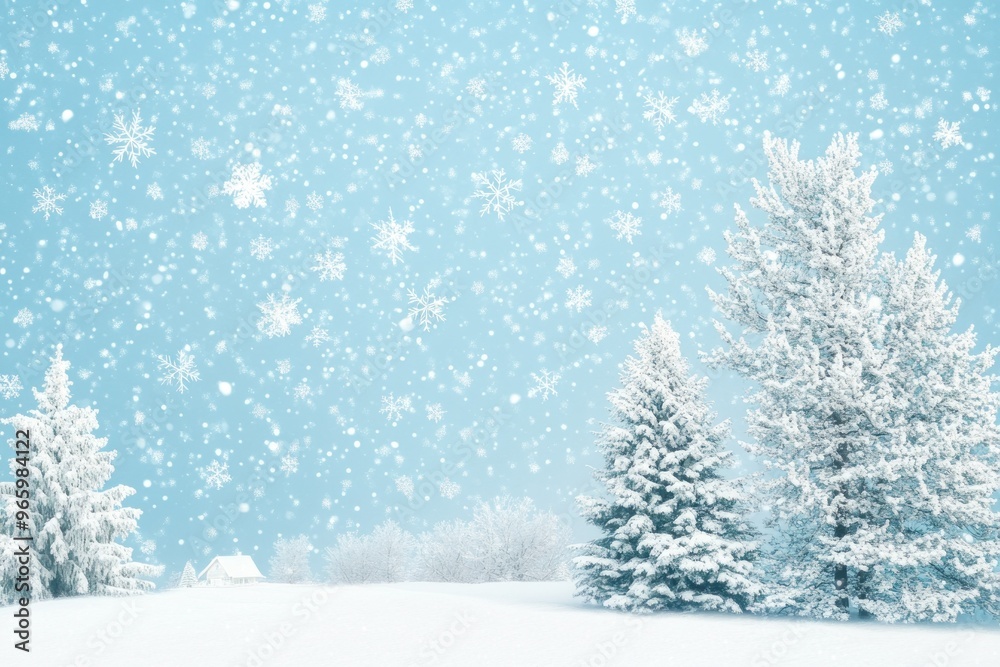 Snowy Landscape with Pine Trees and a Small House Snowy Landscape with Pine Trees and a Small House