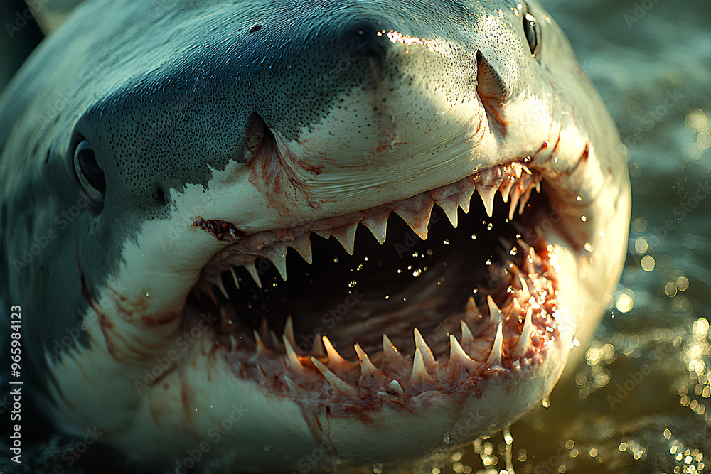 Obraz premium A close-up of a shark's open mouth showcasing sharp teeth and water droplets.