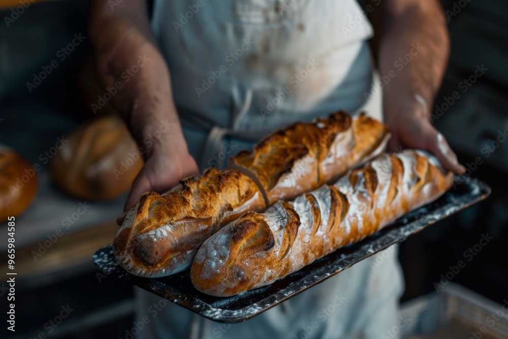 Close up of baker hands holding fresh baked baguette on tray Close up of baker hands holding fresh baked baguette on tray
