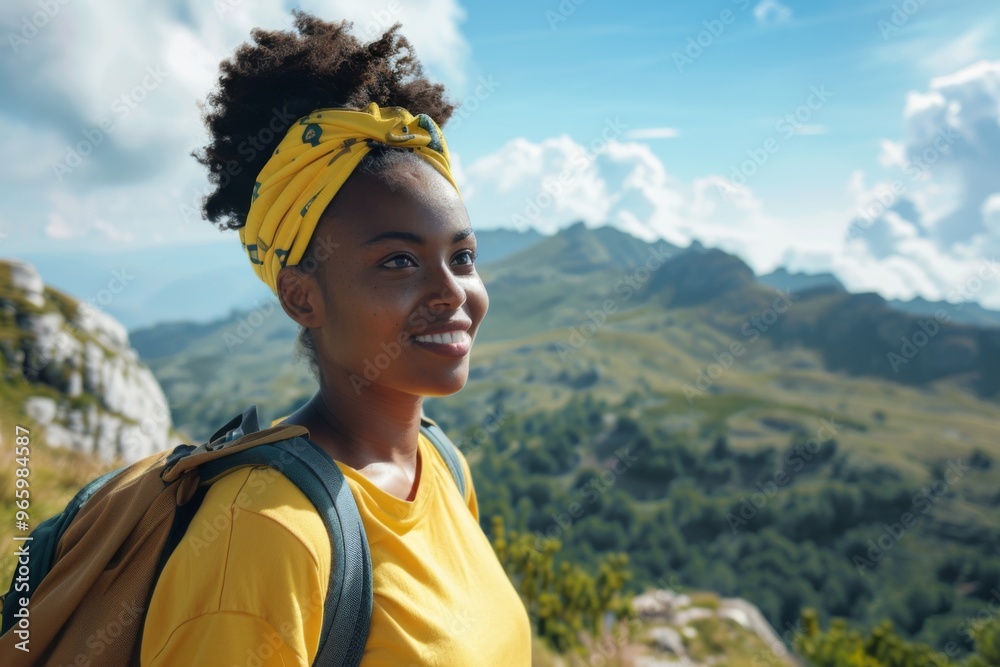 Naklejka premium Portrait of a young black woman hiking in beautiful scenery during summer