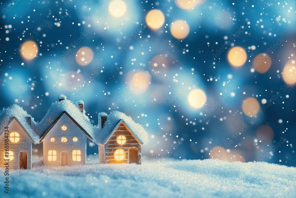 Naklejka premium Snowy Village of Illuminated Miniature Houses