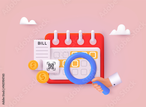 Calendar icon symbol with magnificent glass in hand. Subscription pay calendar fee annual button. Payment date. 3D Web Vector Illustrations.
