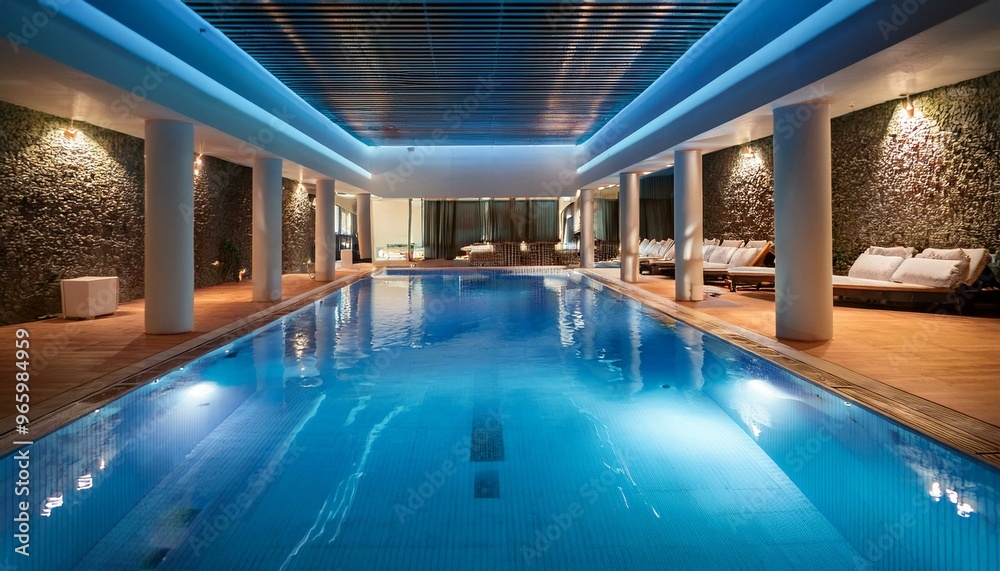 Luxury indoor pool with blue water and warm lighting. Luxury indoor pool with blue water and warm lighting.