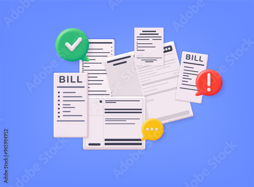 Pile of 3d vector payment bill. Paper check and financial check isolated. Cash register sales receipts printed on thermal rolled paper. 3D Web Vector Illustrations.