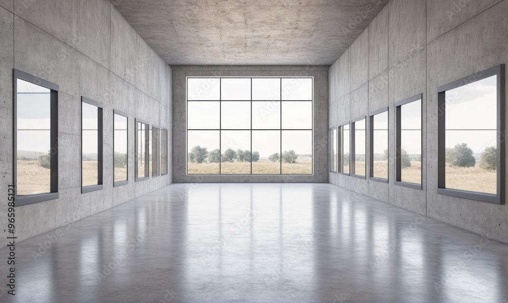 A large, empty room with a concrete floor and many windows overlooking a field A large, empty room with a concrete floor and many windows overlooking a field