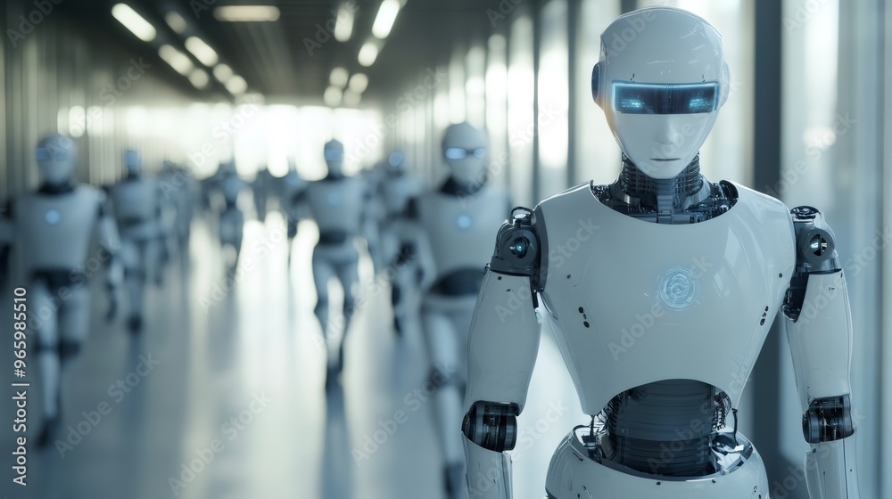 A close-up shot of a futuristic robot with glowing blue eyes and a group of robots walking in the background. A close-up shot of a futuristic robot with glowing blue eyes and a group of robots walking in the background.