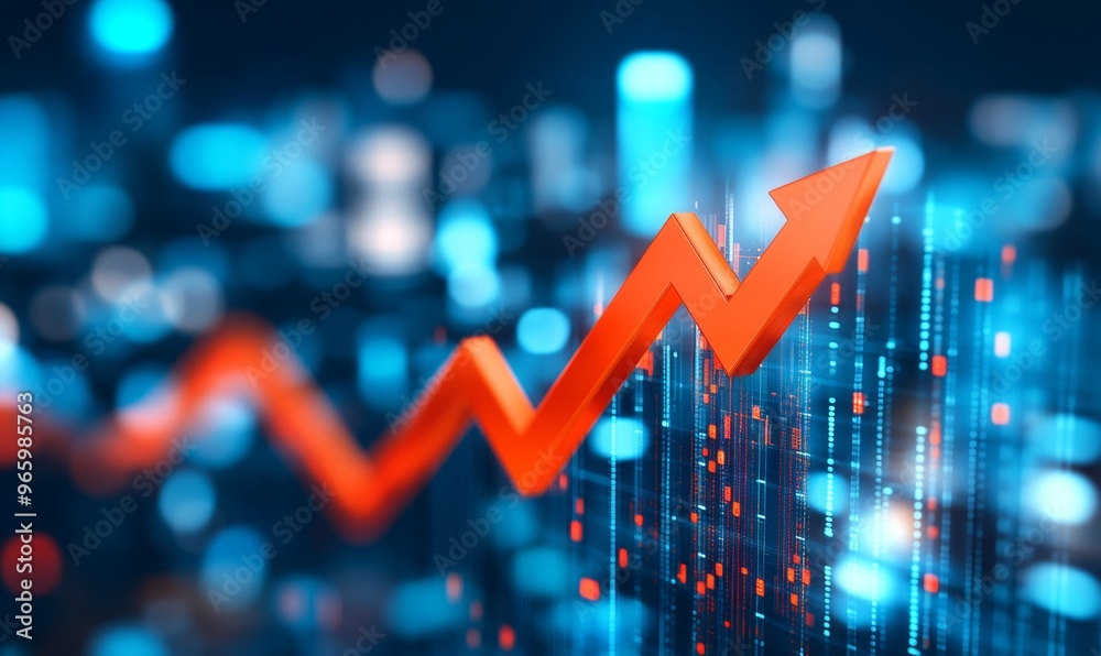 Abstract Business Growth Chart with Upward Arrow. Financial Stock Market Positive Trend Concept on Blurred Urban Background. White and Orange Graphic for Marketing Campaigns and 4K Economic Wallpapers Abstract Business Growth Chart with Upward Arrow. Financial Stock Market Positive Trend Concept on Blurred Urban Background. White and Orange Graphic for Marketing Campaigns and 4K Economic Wallpapers