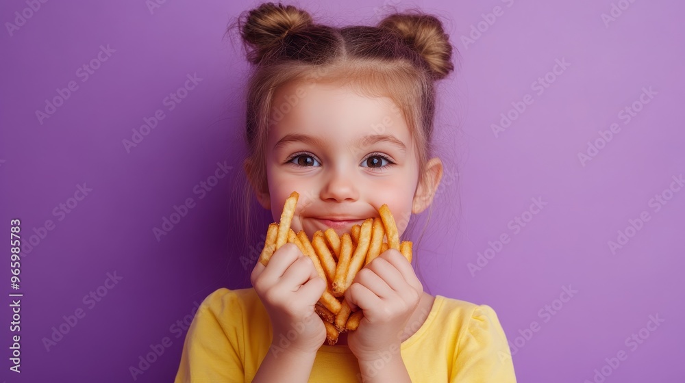 Happy cute little girl with french fries on purple background Happy cute little girl with french fries on purple background