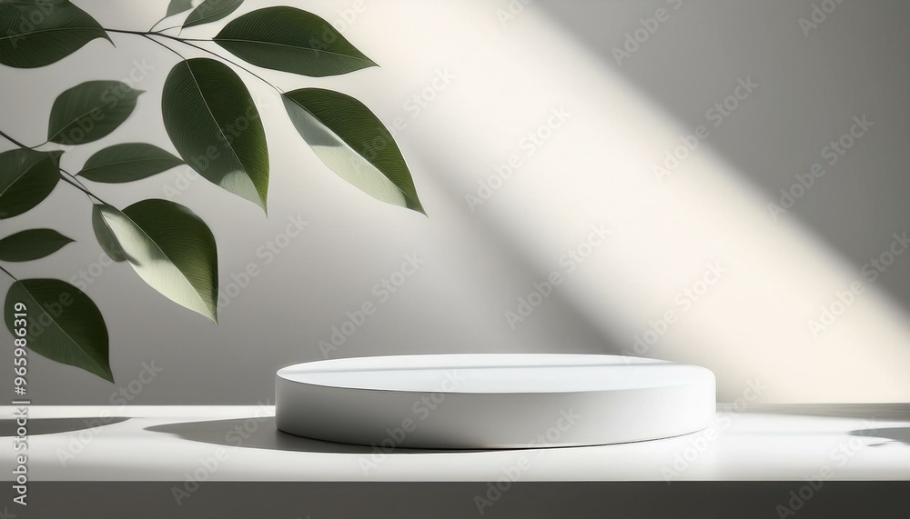 Minimalist white podium with soft light and leaf shadows. Perfect for product display or branding. Minimalist white podium with soft light and leaf shadows. Perfect for product display or branding.