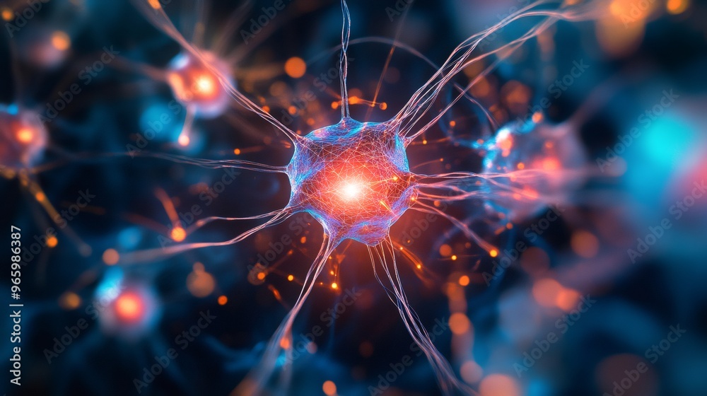 A close-up view of a glowing neuron cell with intricate connections and a bright core. A close-up view of a glowing neuron cell with intricate connections and a bright core.